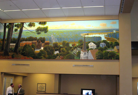 A view to the right shows the right panel of the History Mural by Lee Jamison, and below a portion of the right lobby. 