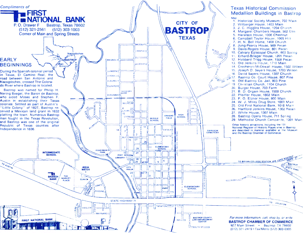 A map of the city of Bastrop, Texas compliments of First National Bank.